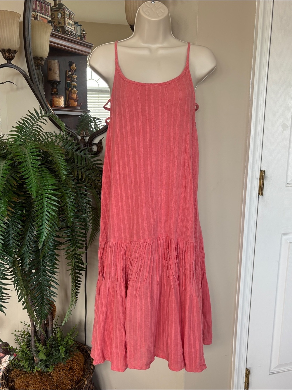 Free People Coral Sleeveless Midi Dress Spaghetti Strap Cotton Boho Tiered Flare